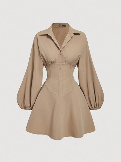 MOD Women'S Fitted Long Sleeve Khaki Shirt Dress with Puff Sleeves,Oversized Women Shirt,Button up Women Shirt,Shirt Dress