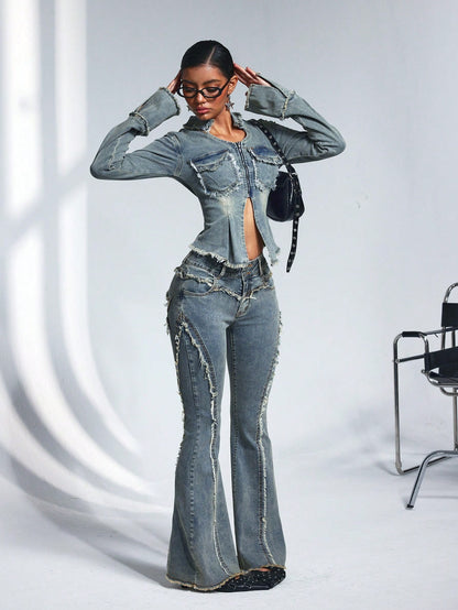 Casual denim Washed Frayed Edge Fitted Flared Jeans