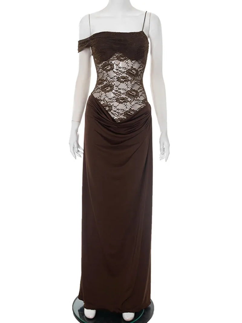 One Shoulder Lace See through Sexy Maxi Dress Women Gown Fashion Off-Shoulder Sleeveless Backless Club Long Dresses