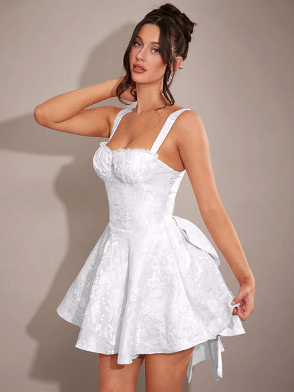BAE Elegant Sweet Romantic Ruffled Lace Bow Decor Bodycon Skater Dress, Princess Dress, Valentine'S Day Dress, Party Dress, Date Night Dress, Bridesmaid Dress, Cocktail Dress, Work Dress, Pink Dress, Birthday Dress, Spring Autumn Winter Graduation Dresses for Women