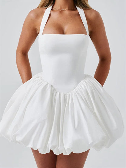 Women Halter Dress Summer Tie up Sleeveless Backless Corset Bubble Dress for Party Evening Club Streetwear