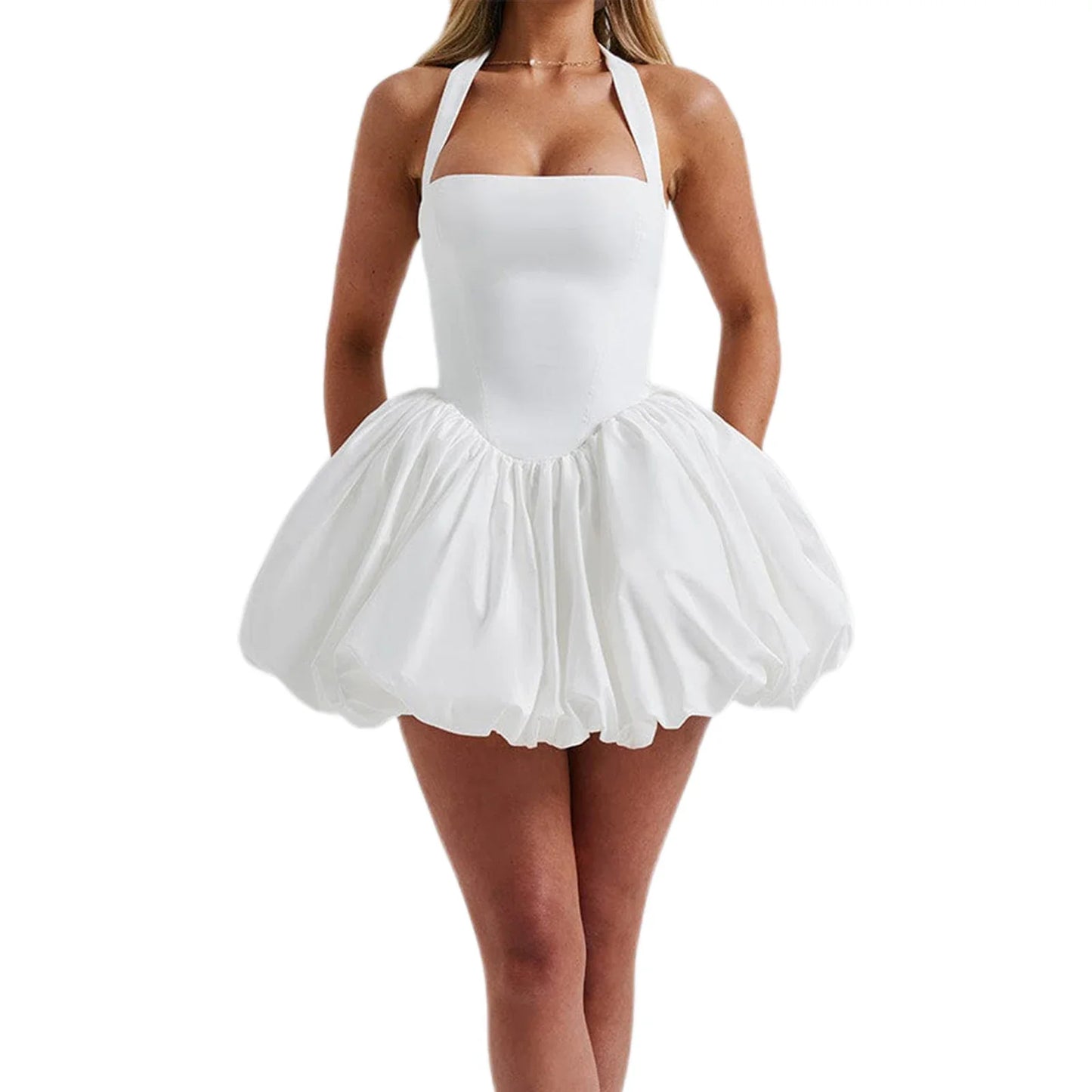 Women Halter Dress Summer Tie up Sleeveless Backless Corset Bubble Dress for Party Evening Club Streetwear