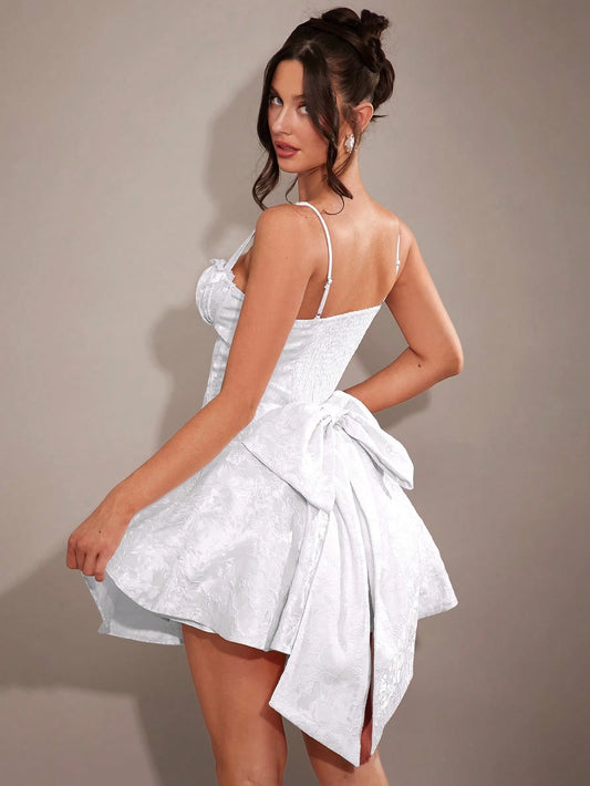 BAE Elegant Sweet Romantic Ruffled Lace Bow Decor Bodycon Skater Dress, Princess Dress, Valentine'S Day Dress, Party Dress, Date Night Dress, Bridesmaid Dress, Cocktail Dress, Work Dress, Pink Dress, Birthday Dress, Spring Autumn Winter Graduation Dresses for Women