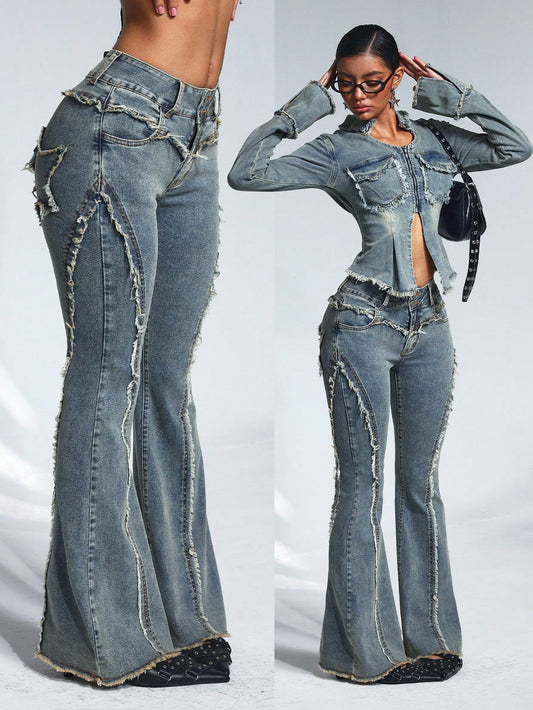 Casual denim Washed Frayed Edge Fitted Flared Jeans