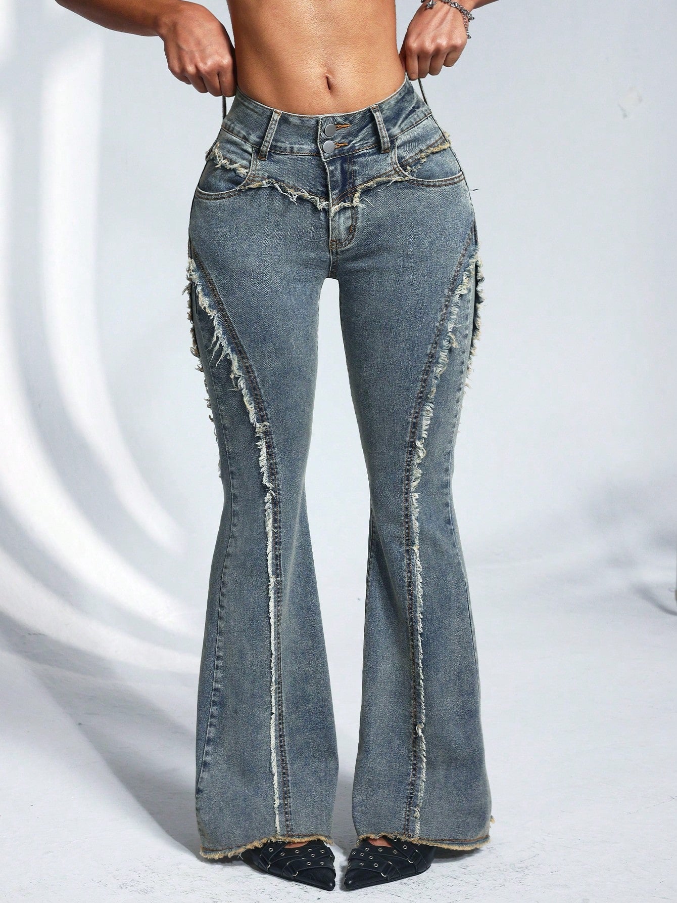 Casual denim Washed Frayed Edge Fitted Flared Jeans