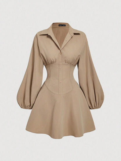 Khaki Puff Sleeve Shirt Dress